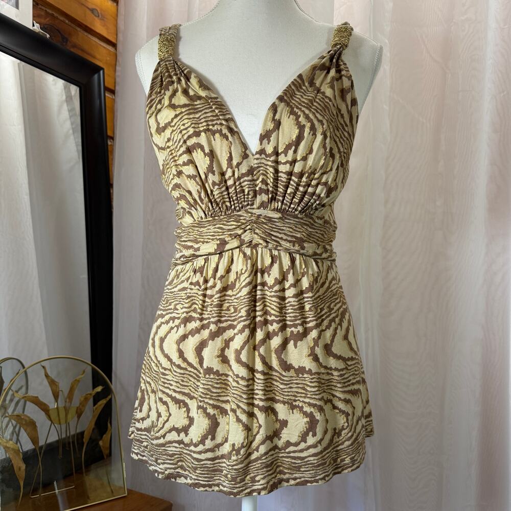 2007 Express Metallic Animal Print Empire Waist Babydoll Top Small Y2K Chic